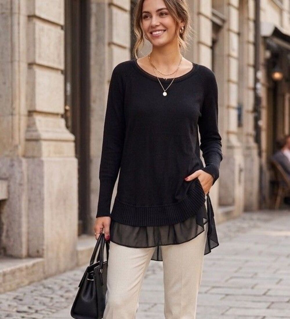 Cupio Black Silk Blend Knit Tunic Sweater Sheer Layered Mesh Hem Women's Small
